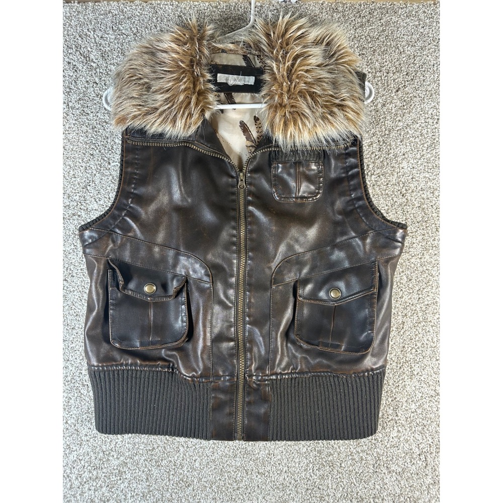 Charlotte Russe Brown Faux Leather Bomber Vest Faux Fur Collar Feather Lining
